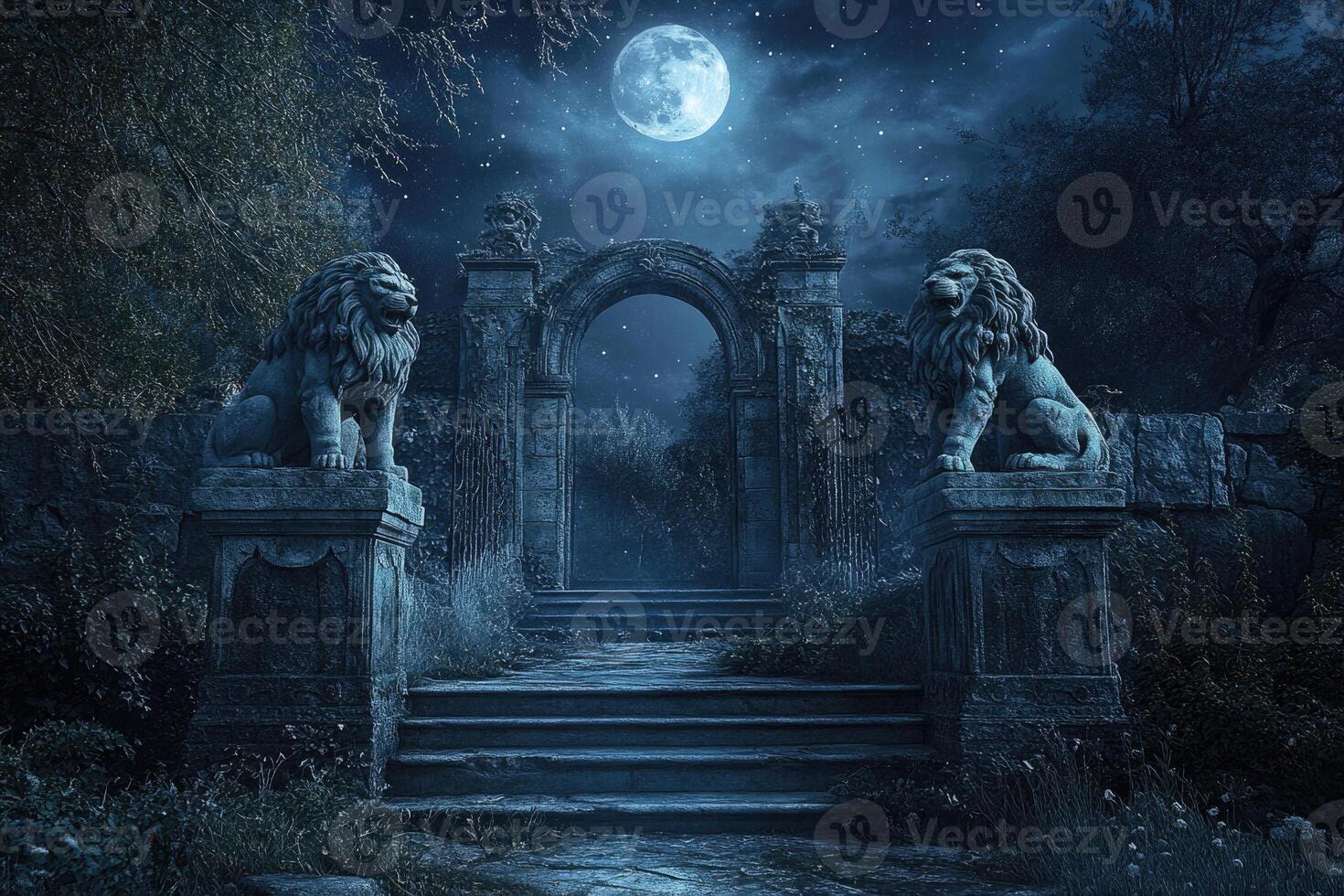 A mystical gateway with stone lions under moonlight. photo