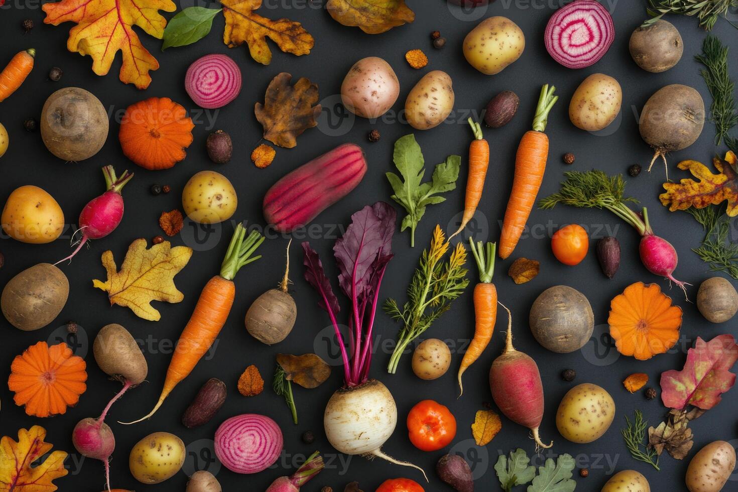 Autumn bounty of root vegetables on a uniform dark background. photo
