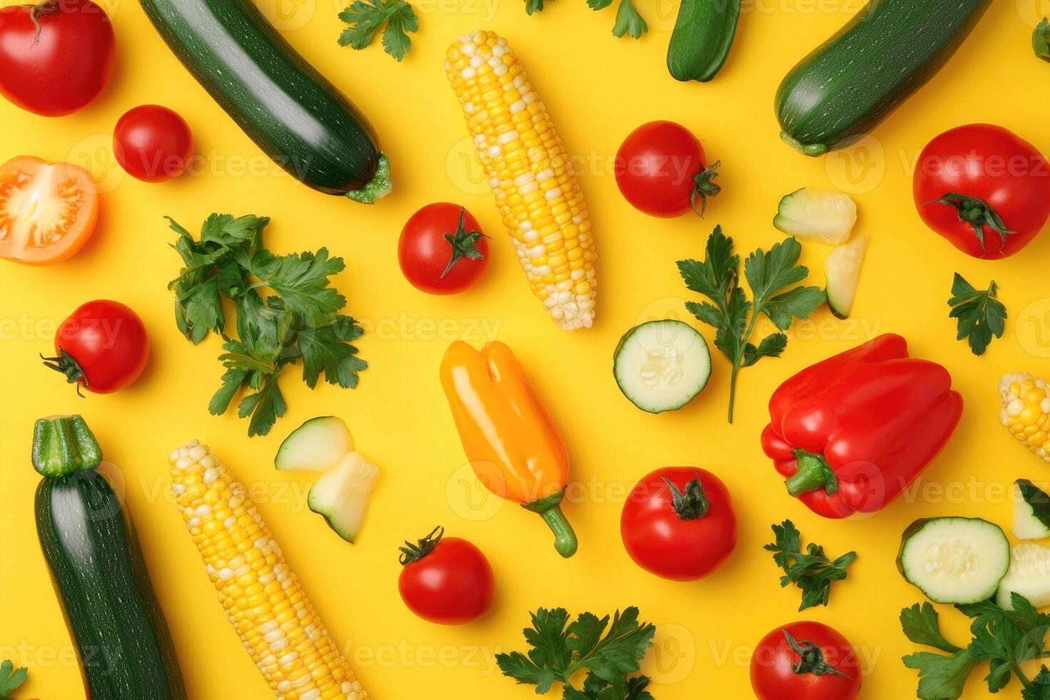 A vibrant mix of summer vegetables on a bold yellow background. photo