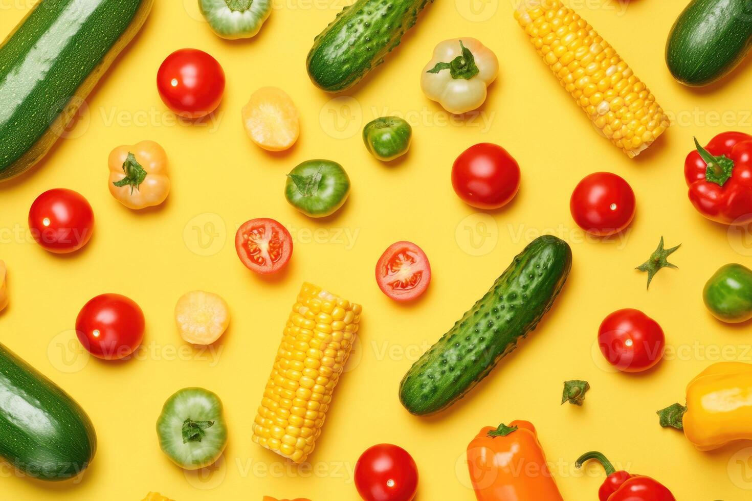 A vibrant mix of summer vegetables on a bold yellow background. photo