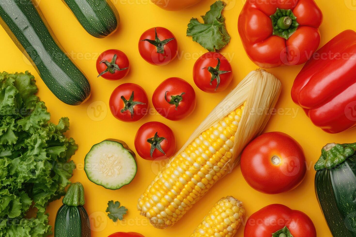 A vibrant mix of summer vegetables on a bold yellow background. photo
