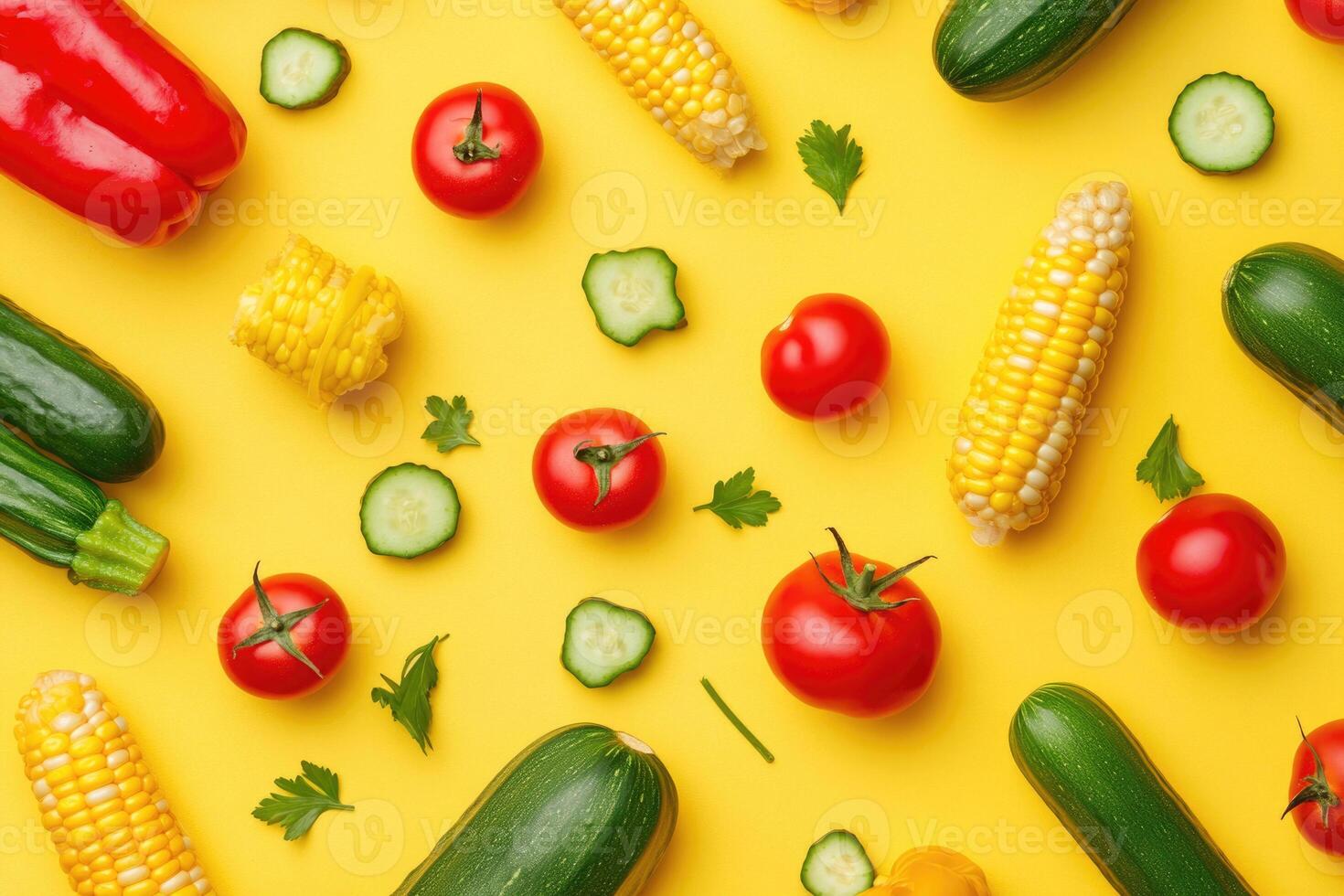 A vibrant mix of summer vegetables on a bold yellow background. photo