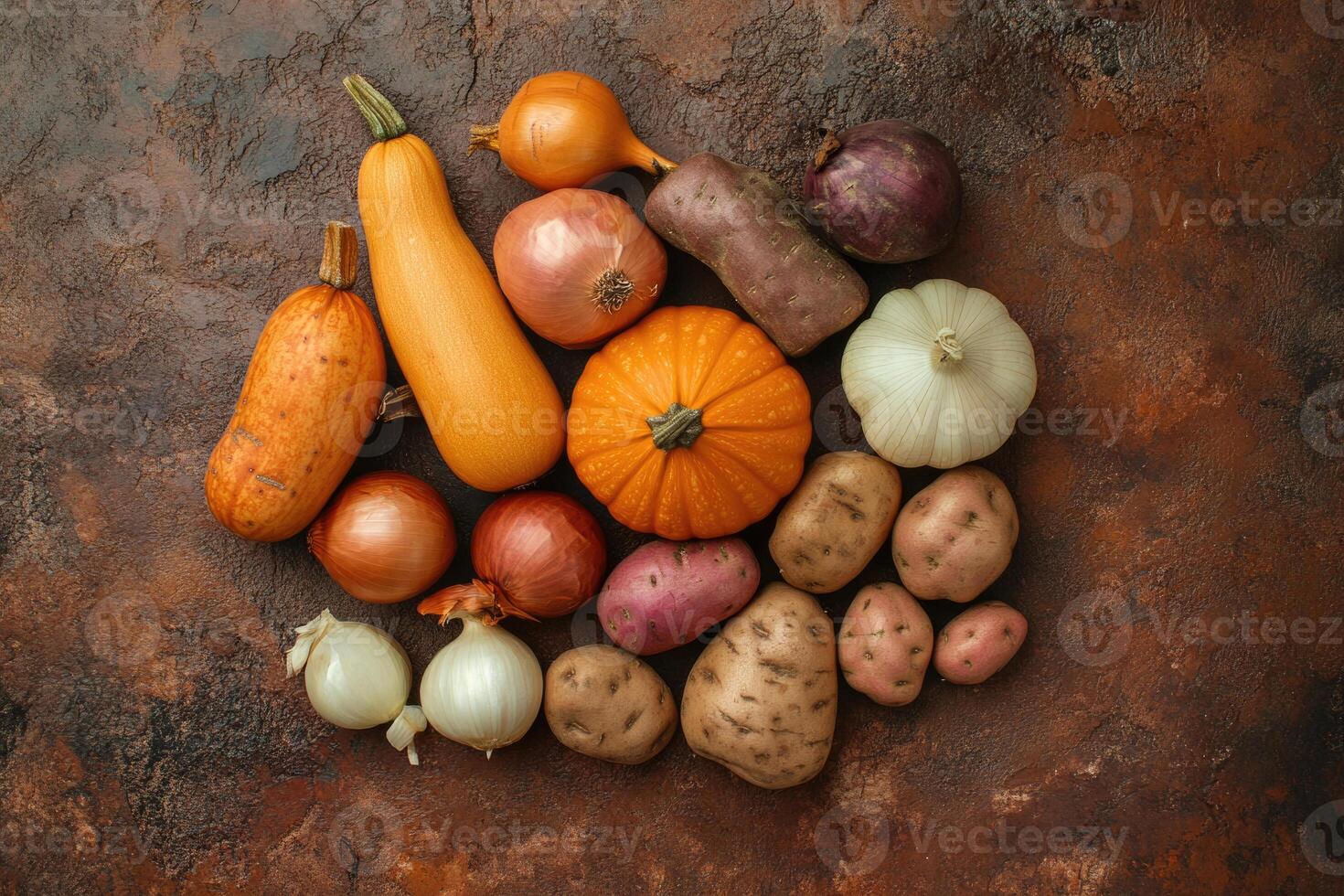Earthy autumn vegetables on a textured brown background. photo