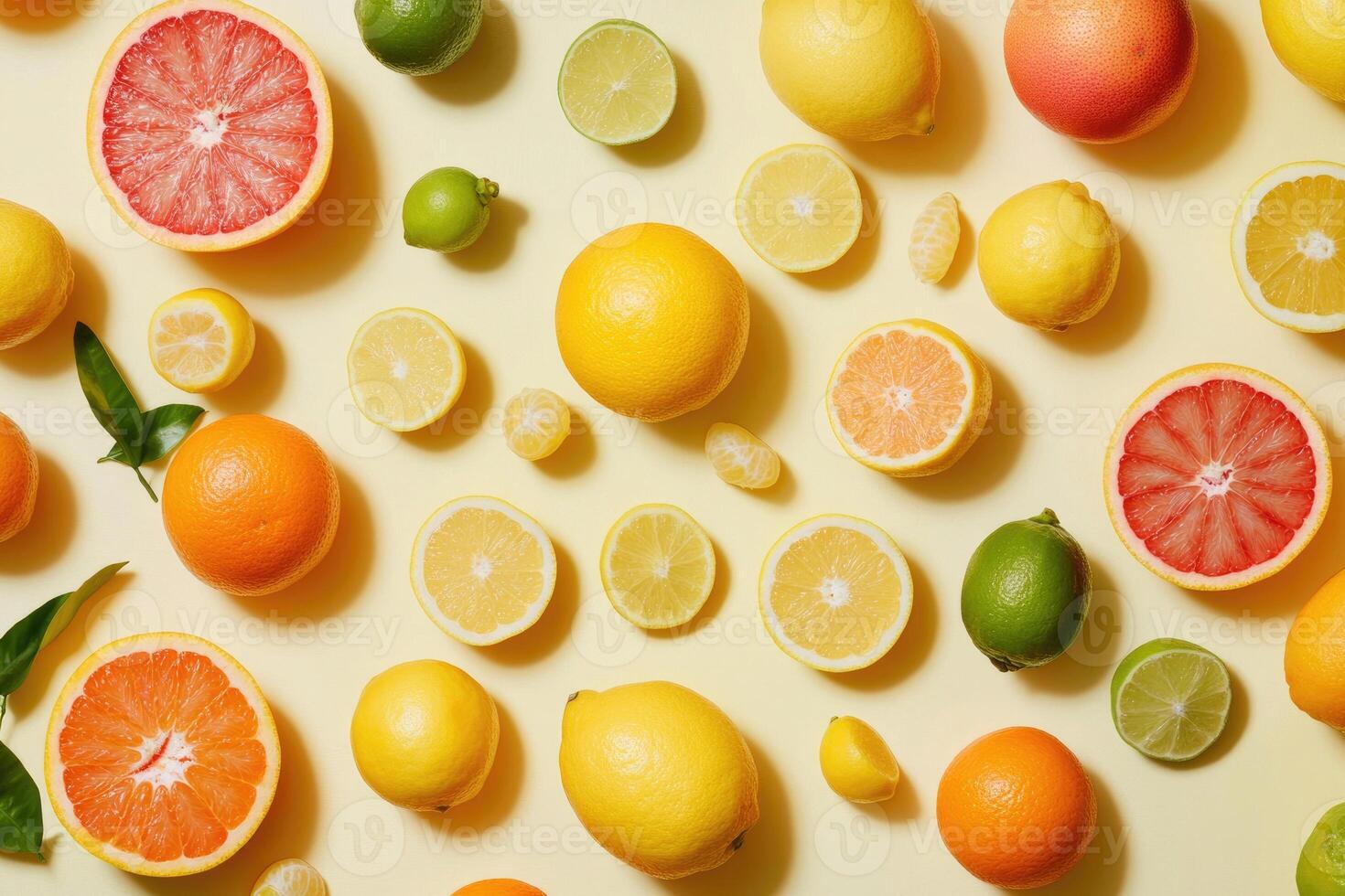 A bright flat lay of winter citrus fruits like oranges, lemons, and limes. photo