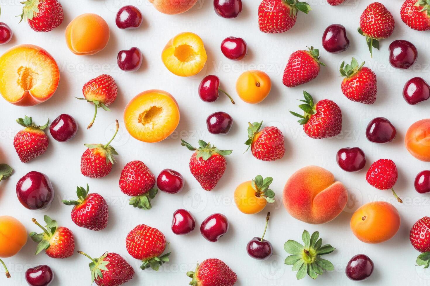 A vibrant flat lay of summer fruits like strawberries, cherries, and peaches. photo