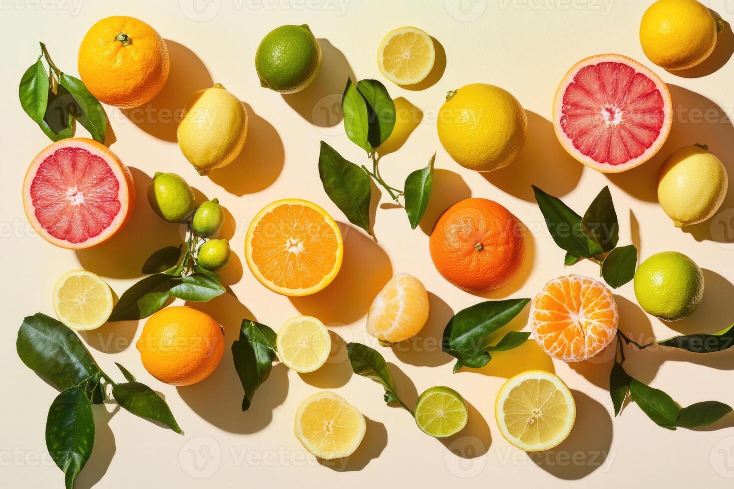 A bright flat lay of winter citrus fruits like oranges, lemons, and limes. photo