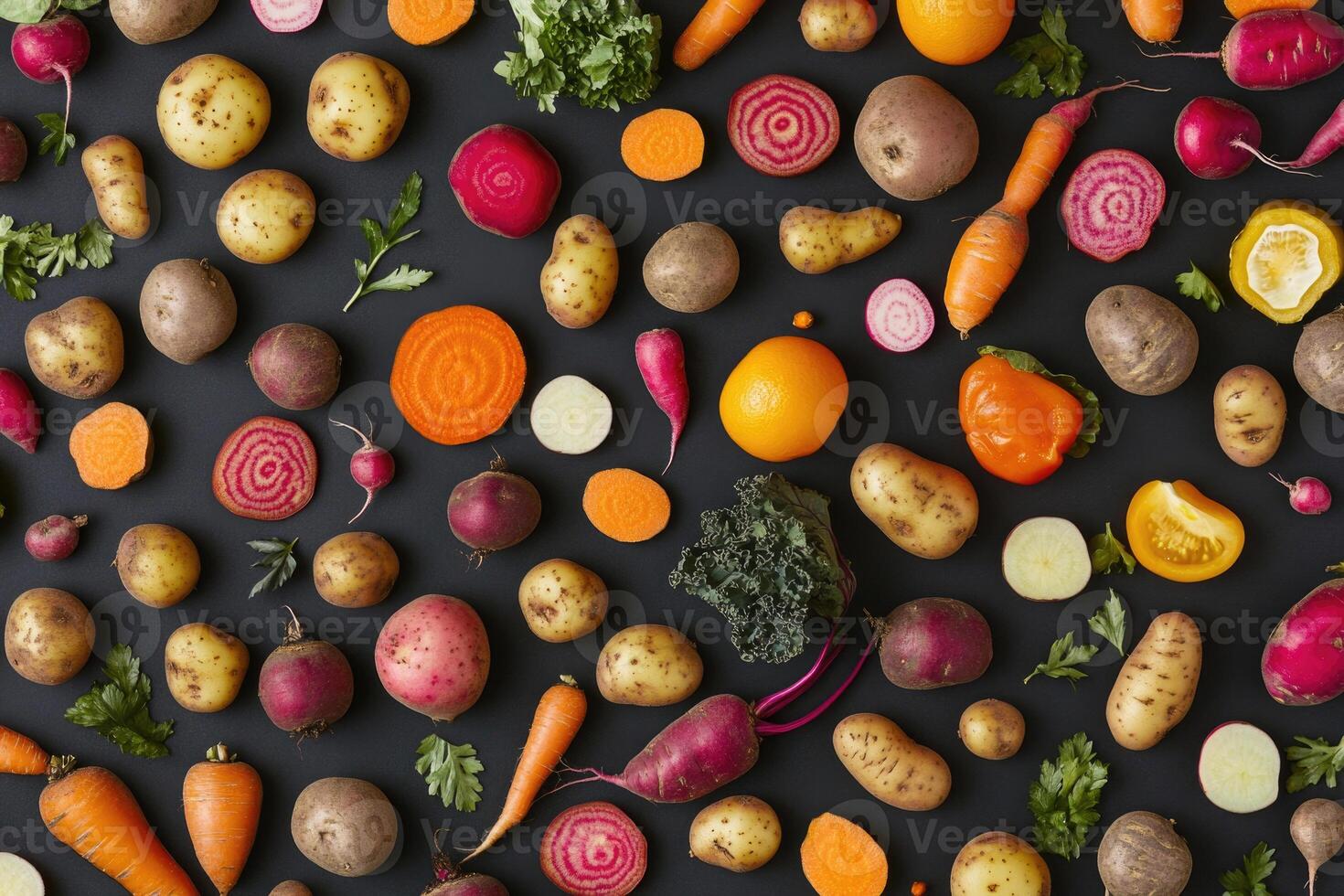 Autumn bounty of root vegetables on a uniform dark background. photo