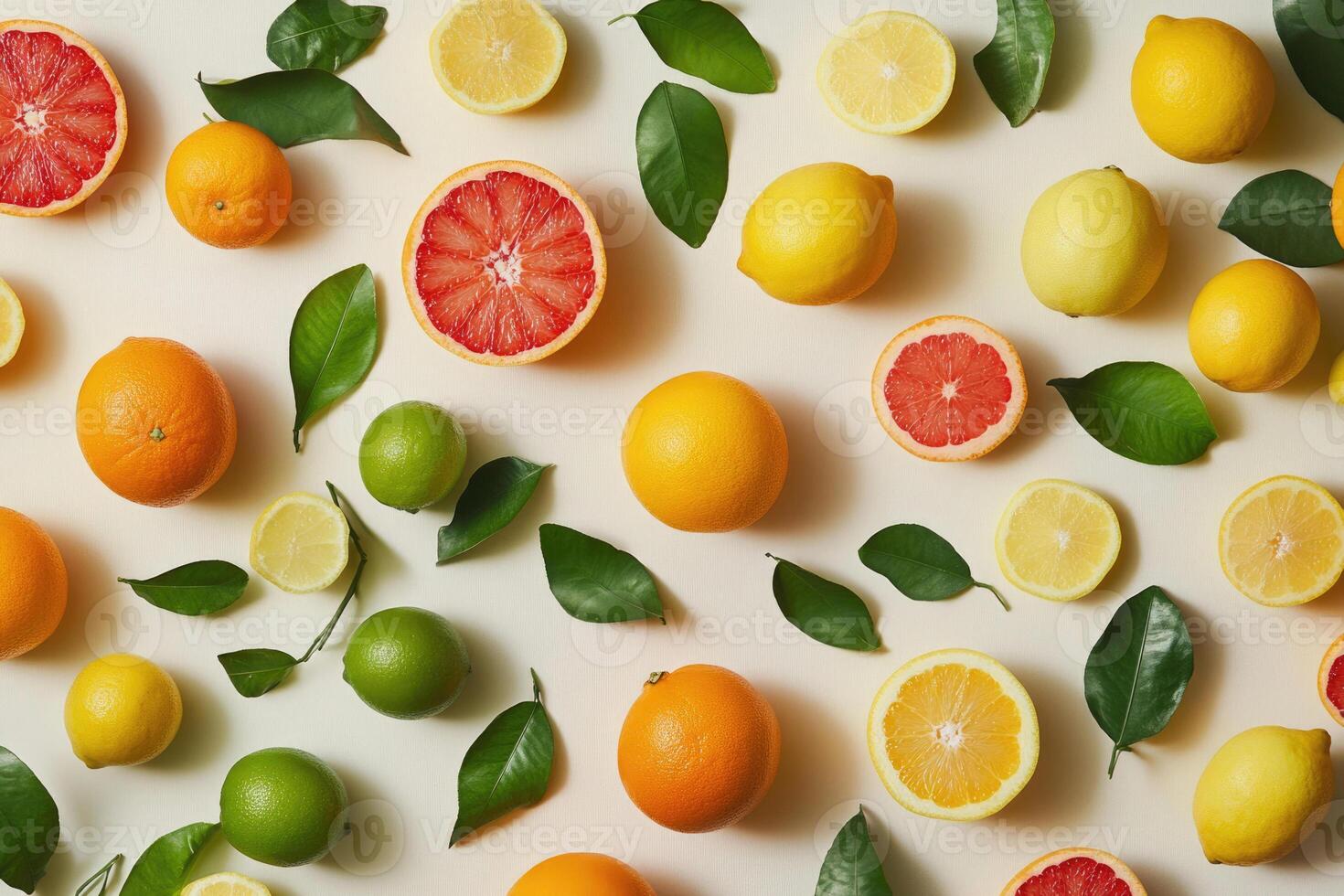 A bright flat lay of winter citrus fruits like oranges, lemons, and limes. photo