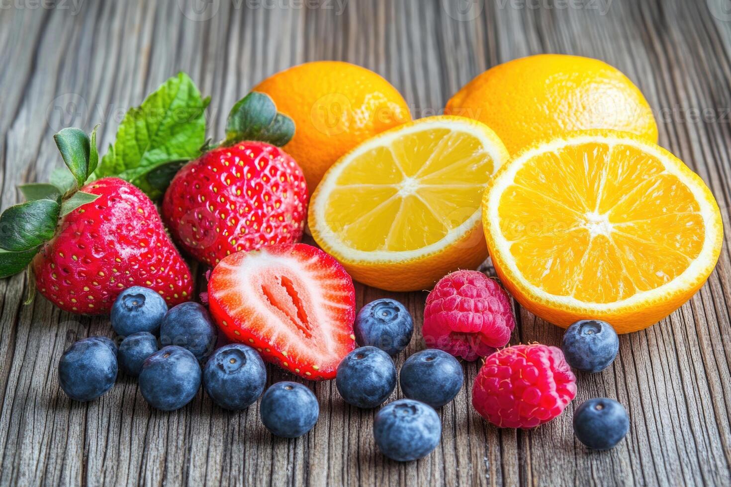 A vibrant assortment of fresh summer fruits on a wooden table. photo