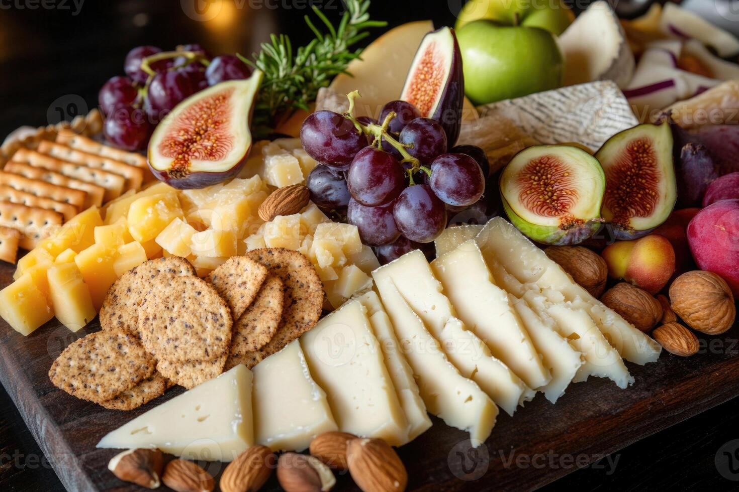 An elegant artisan cheese platter with various cheeses, fruits, and nuts. photo