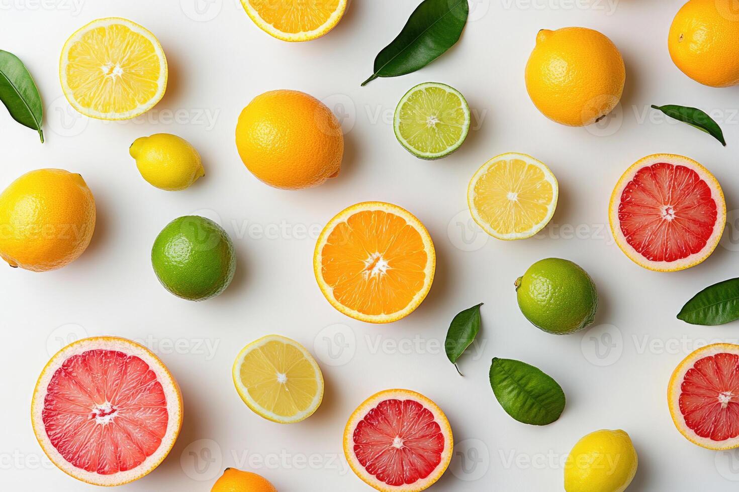 A bright flat lay of winter citrus fruits like oranges, lemons, and limes. photo