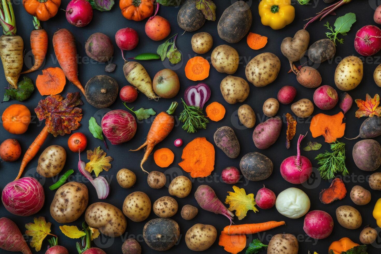 Autumn bounty of root vegetables on a uniform dark background. photo