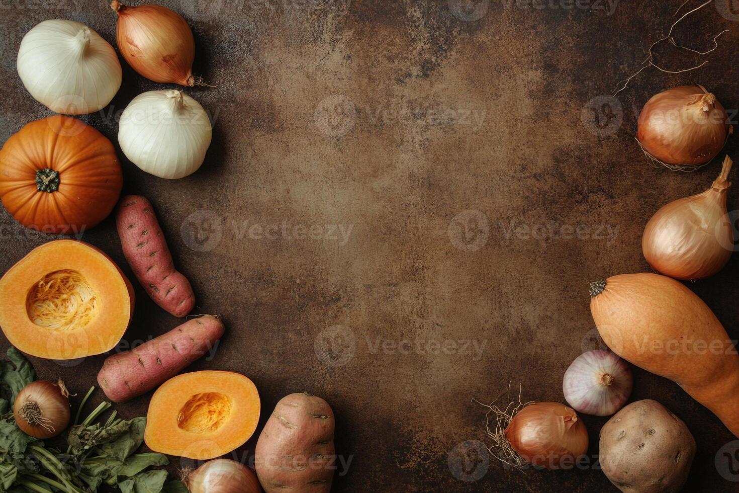 Earthy autumn vegetables on a textured brown background. photo