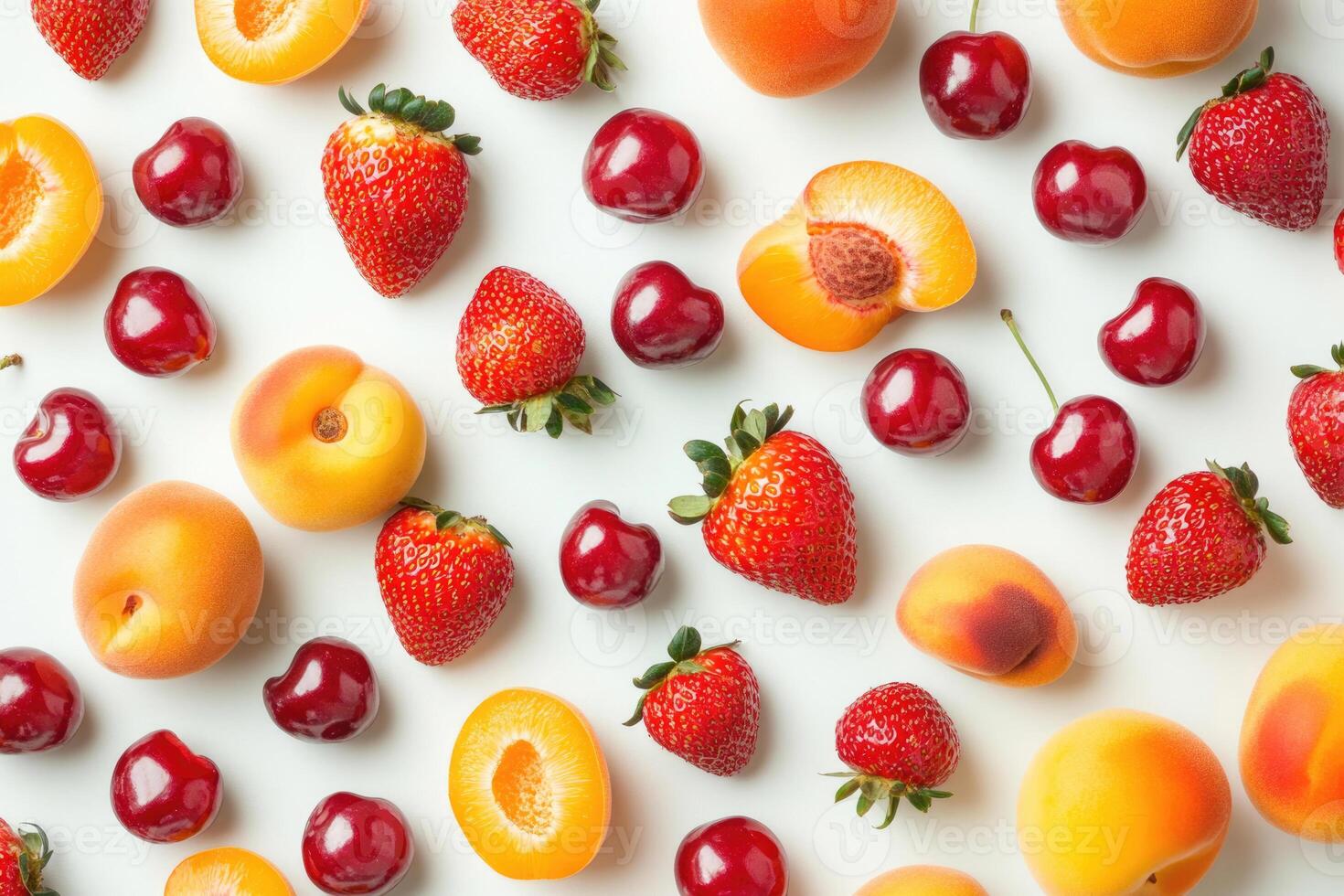 A vibrant flat lay of summer fruits like strawberries, cherries, and peaches. photo
