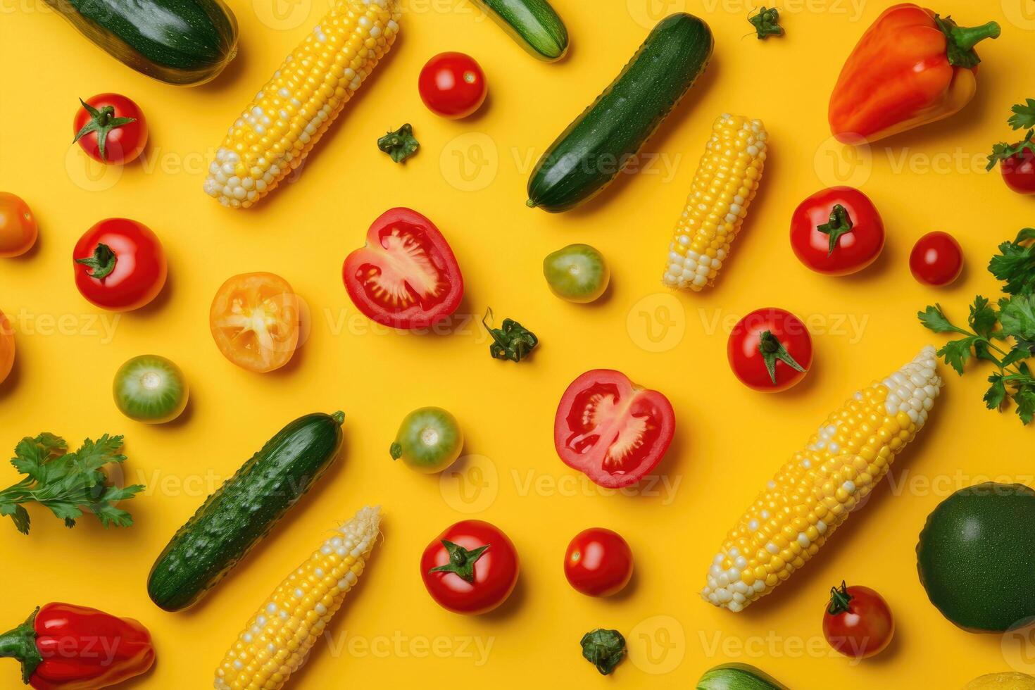 A vibrant mix of summer vegetables on a bold yellow background. photo