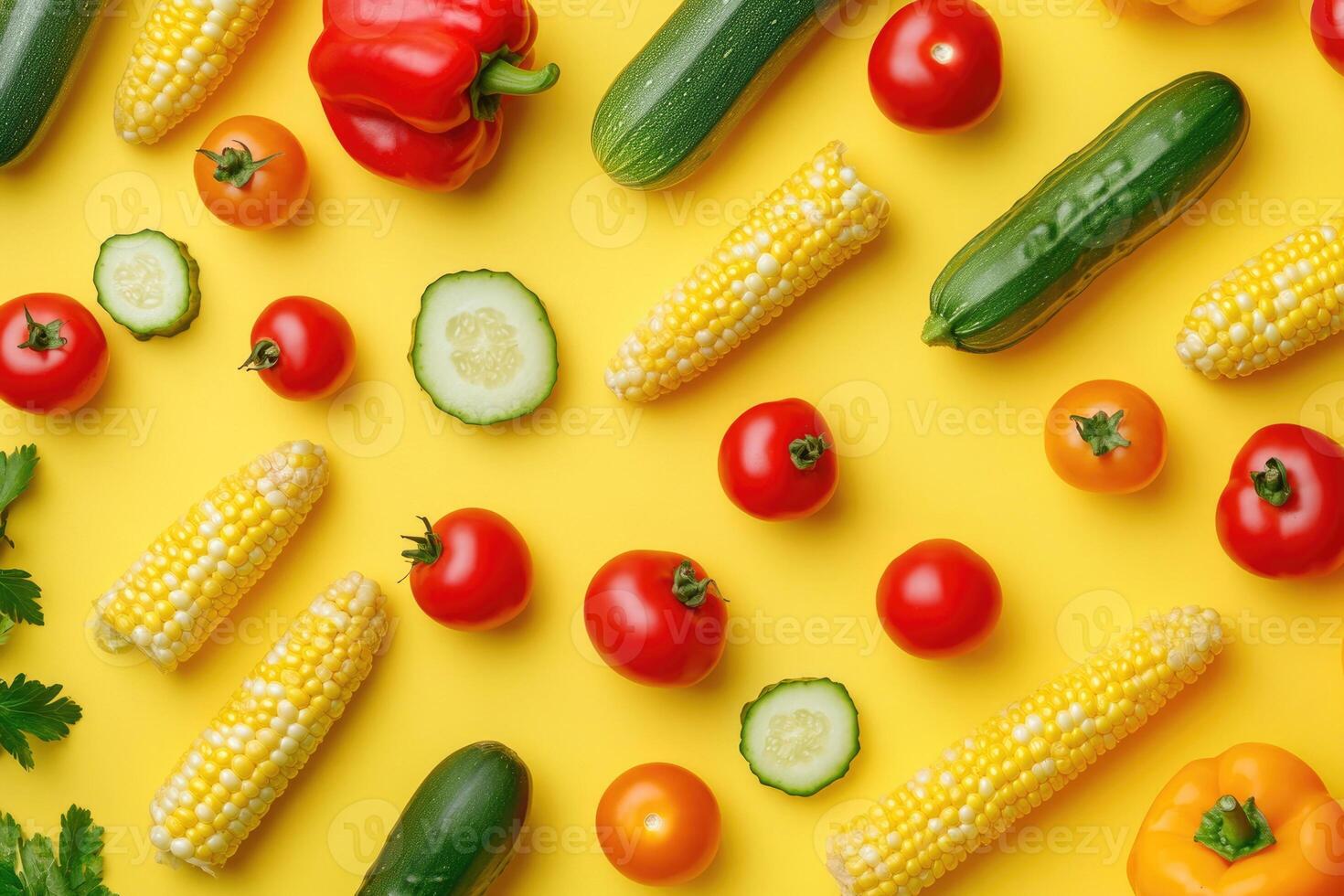 A vibrant mix of summer vegetables on a bold yellow background. photo