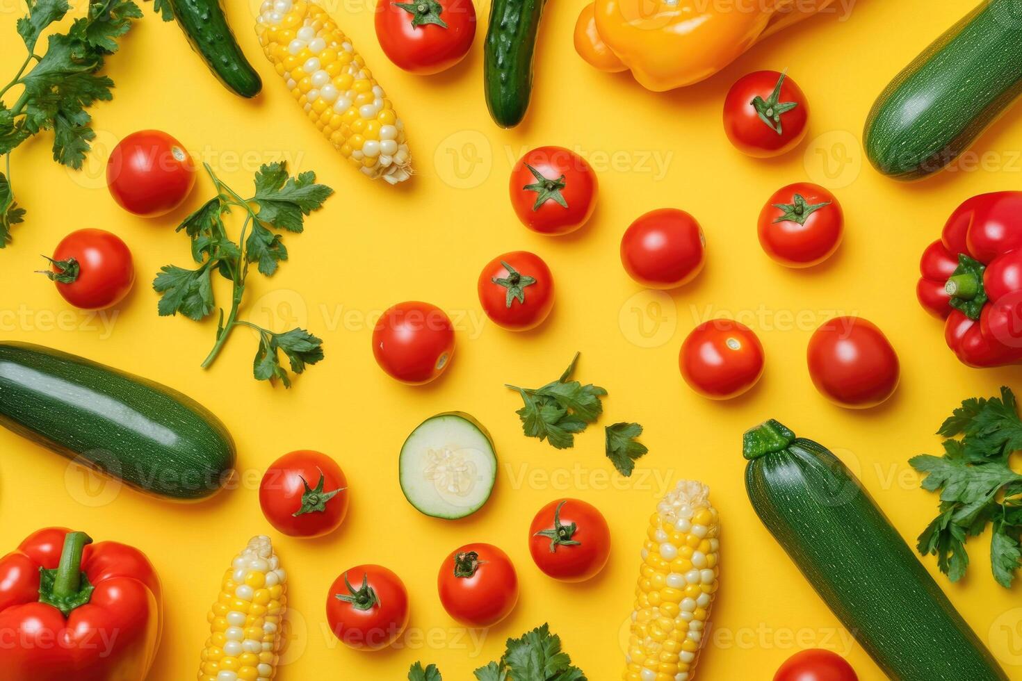 A vibrant mix of summer vegetables on a bold yellow background. photo