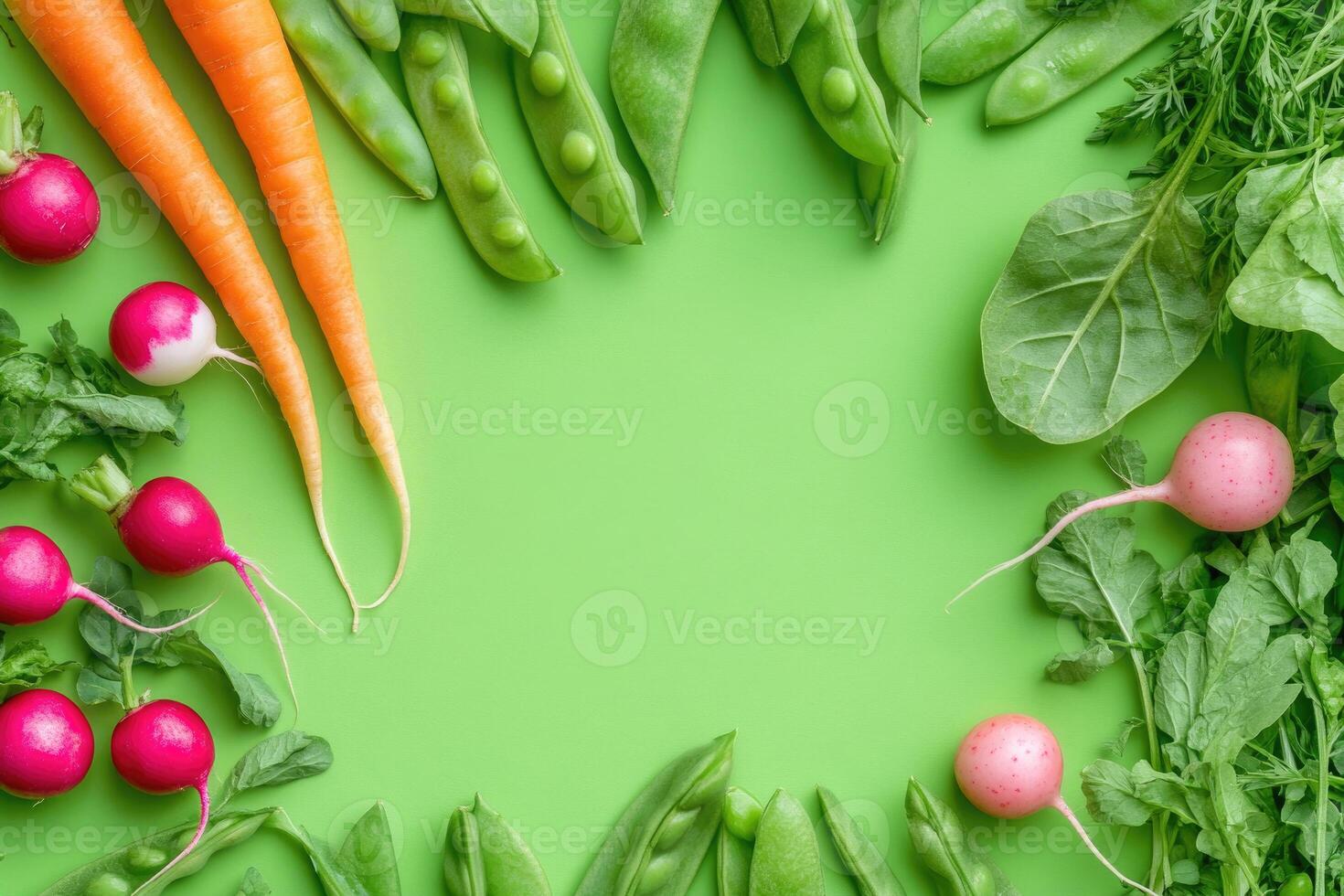A selection of fresh spring vegetables on a bright green background. photo