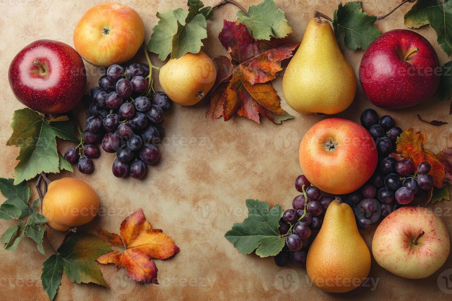 A warm-toned flat lay of autumn fruits like apples, pears, and grapes. photo