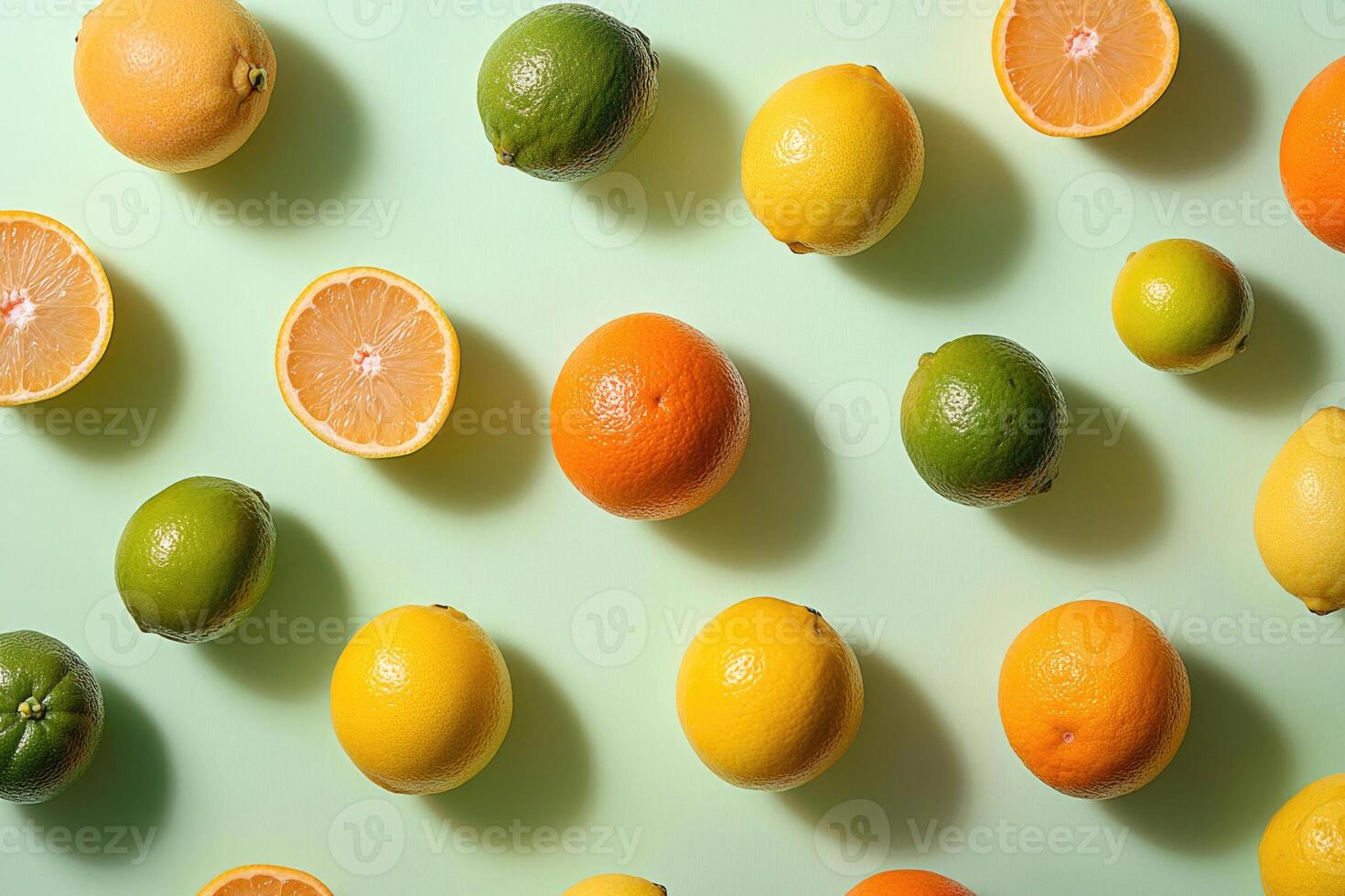 A bright flat lay of winter citrus fruits like oranges, lemons, and limes. photo