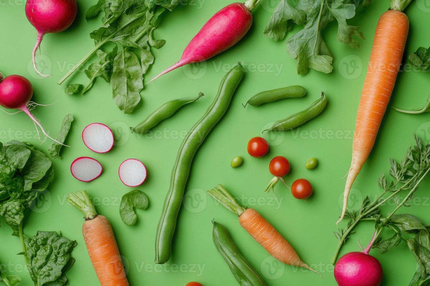 A selection of fresh spring vegetables on a bright green background. photo