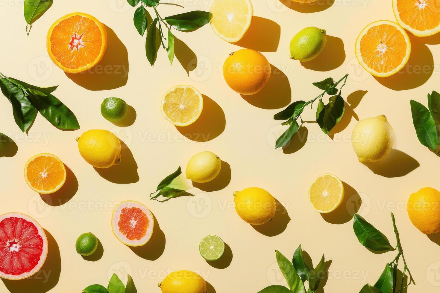 A bright flat lay of winter citrus fruits like oranges, lemons, and limes. photo