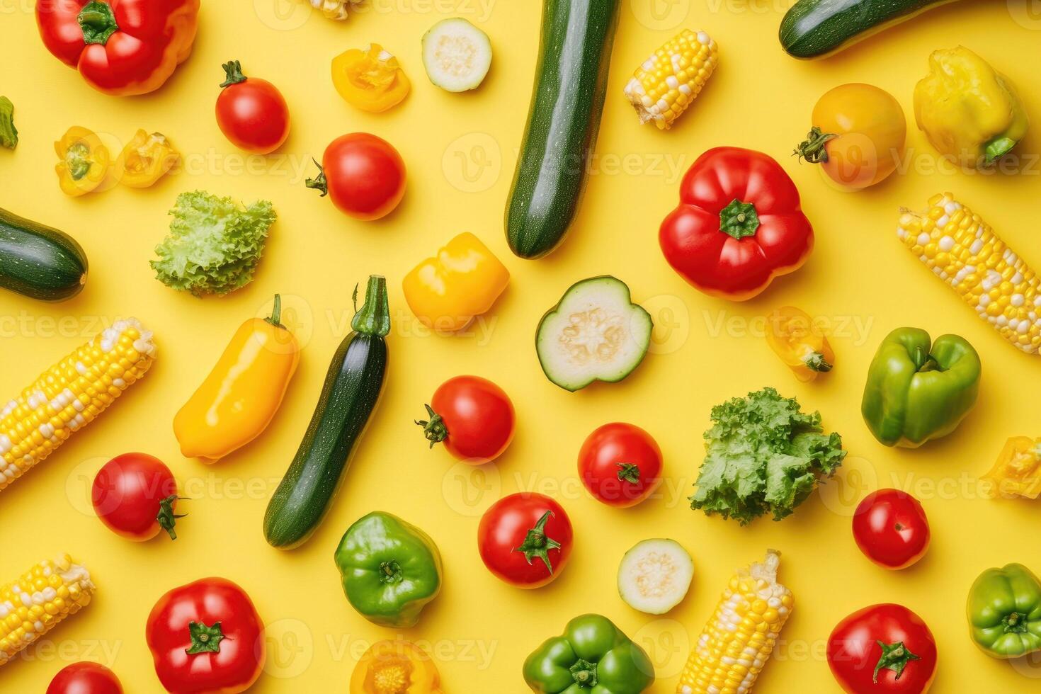 A vibrant mix of summer vegetables on a bold yellow background. photo