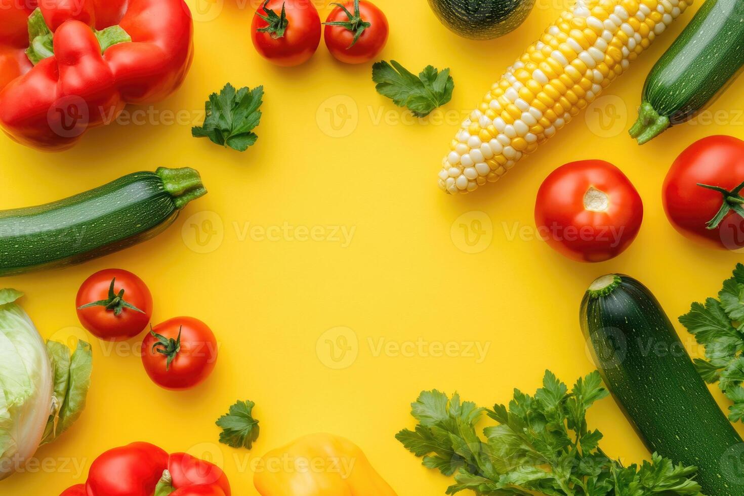 A vibrant mix of summer vegetables on a bold yellow background. photo