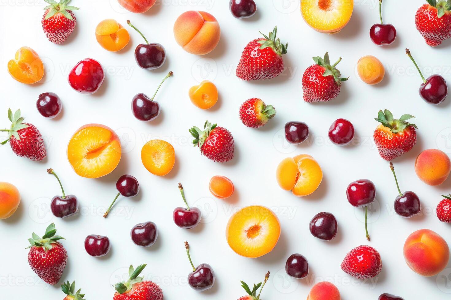 A vibrant flat lay of summer fruits like strawberries, cherries, and peaches. photo