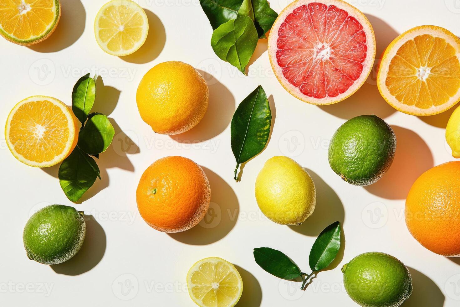 A bright flat lay of winter citrus fruits like oranges, lemons, and limes. photo