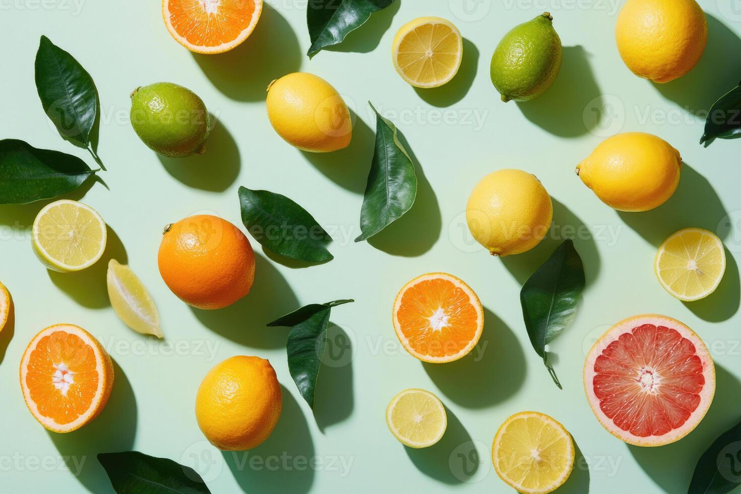 A bright flat lay of winter citrus fruits like oranges, lemons, and limes. photo