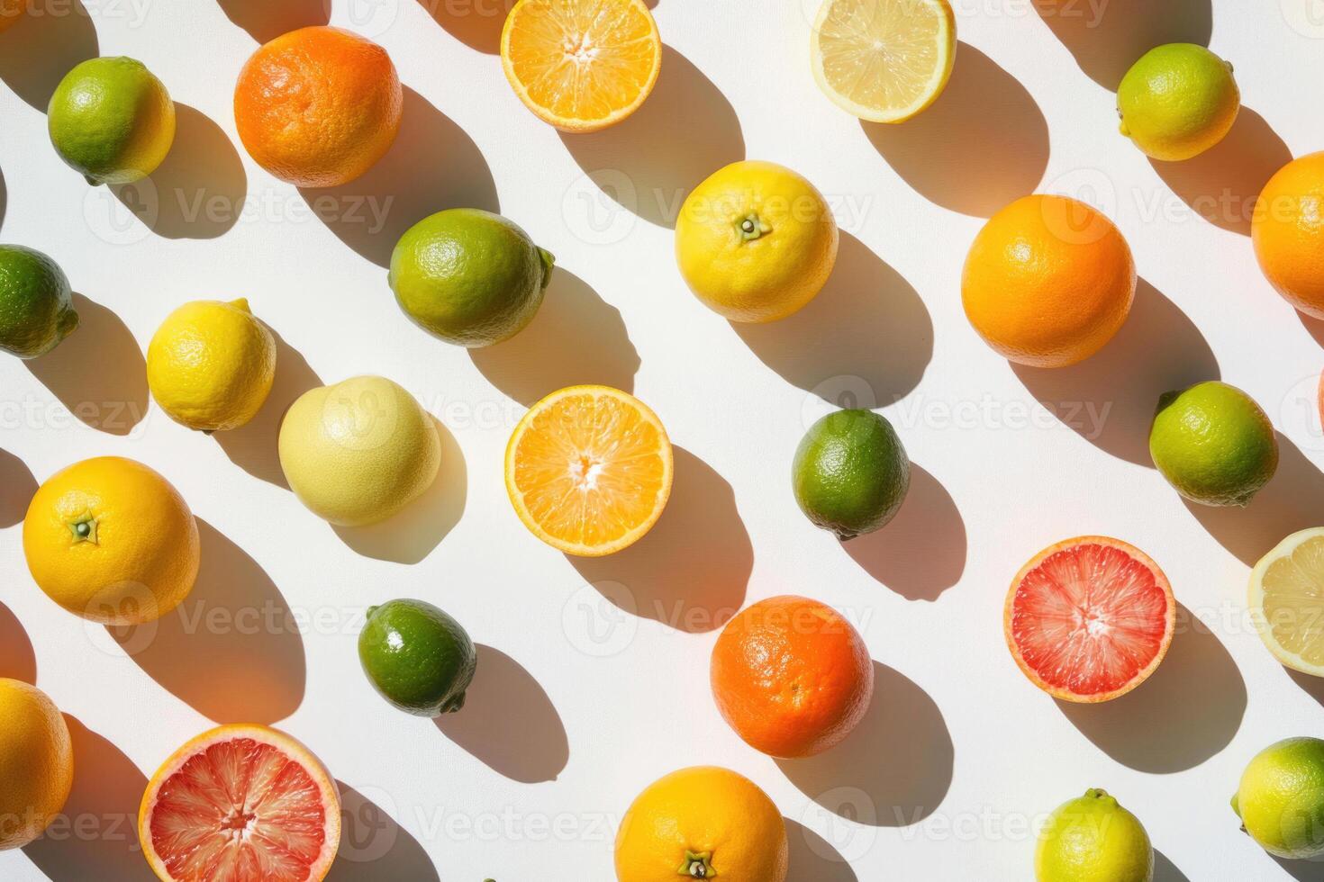A bright flat lay of winter citrus fruits like oranges, lemons, and limes. photo