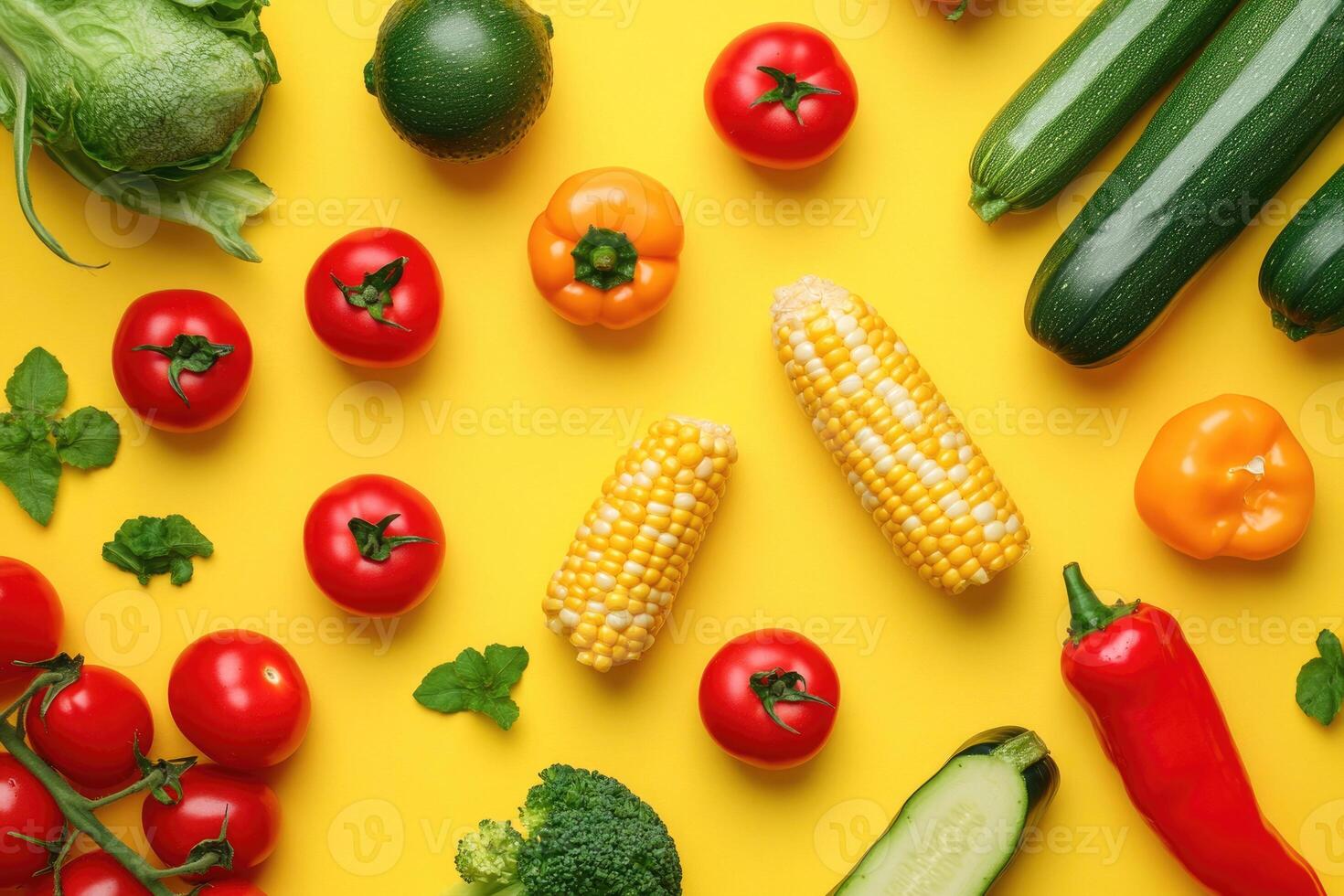 A vibrant mix of summer vegetables on a bold yellow background. photo