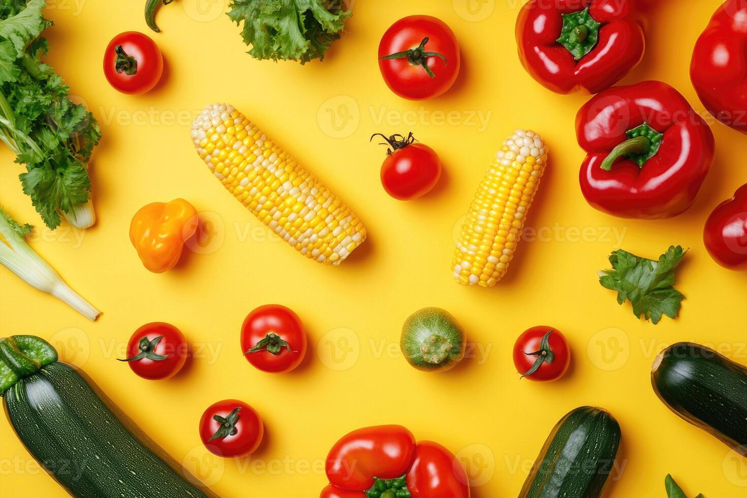 A vibrant mix of summer vegetables on a bold yellow background. photo