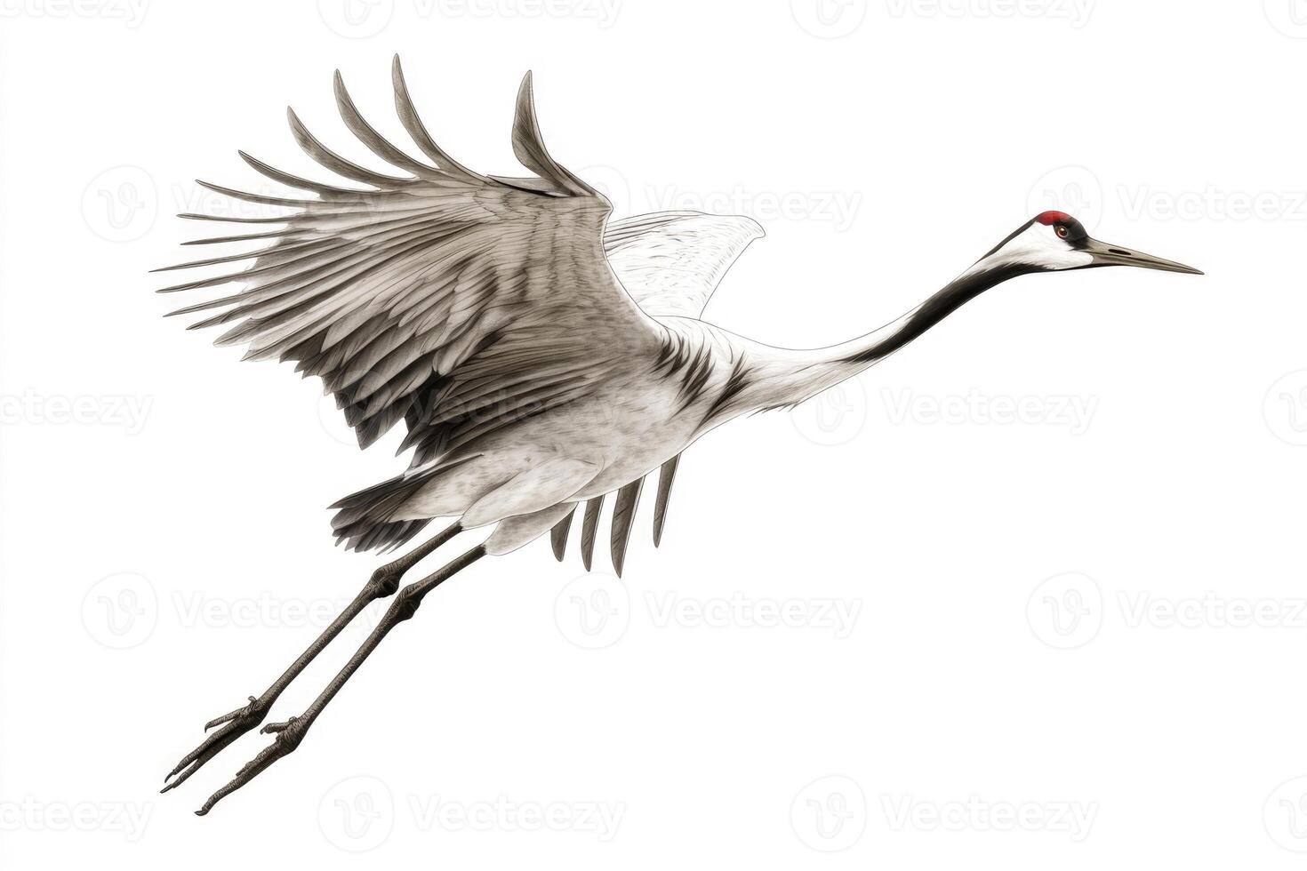 A poised crane with elongated neck in mid-flight. photo