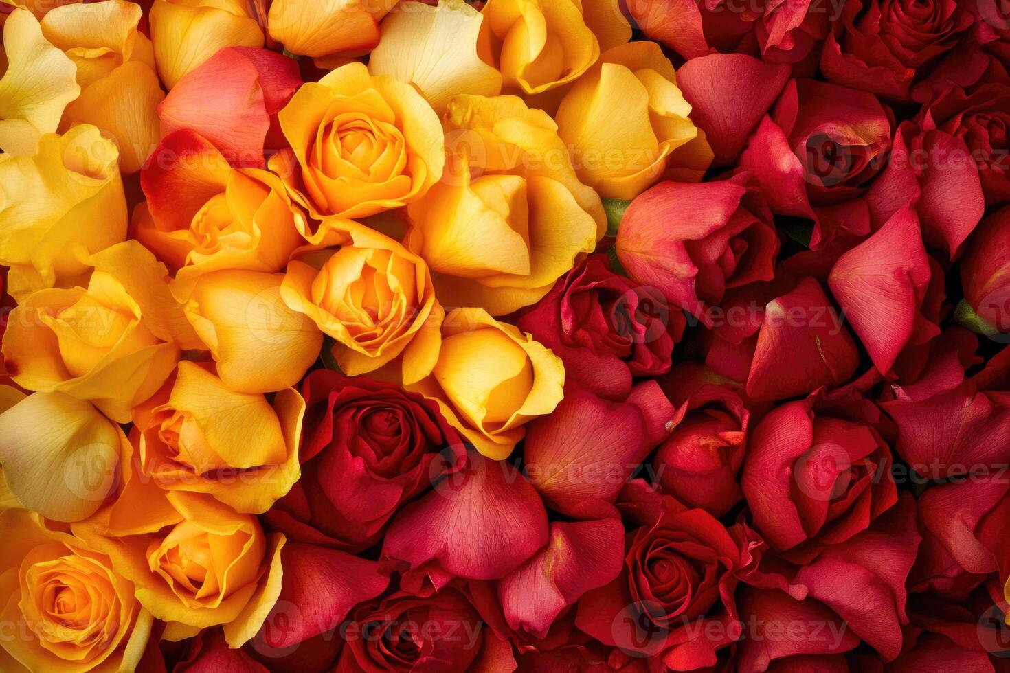 A vibrant mix of red and yellow rose buds creates a colorful, elegant background. photo