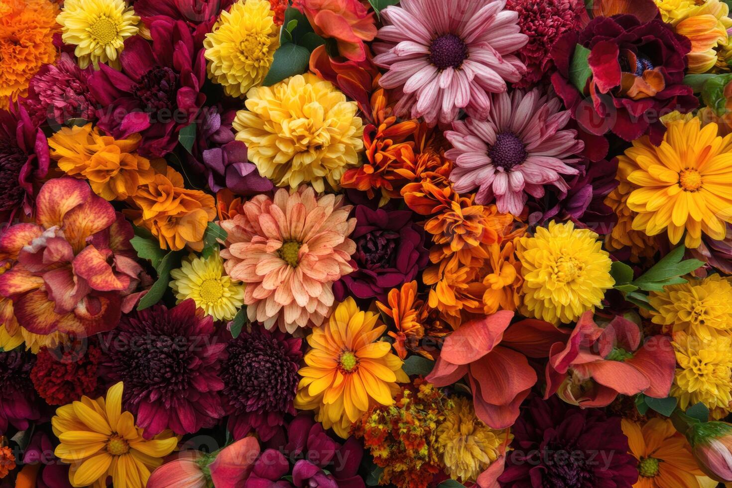 A vibrant mix of autumn flowers creates a warm, colorful background. photo