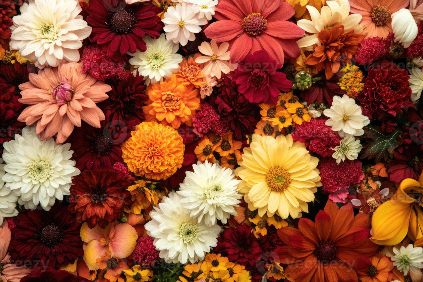 A vibrant mix of autumn flowers creates a warm, colorful background. photo