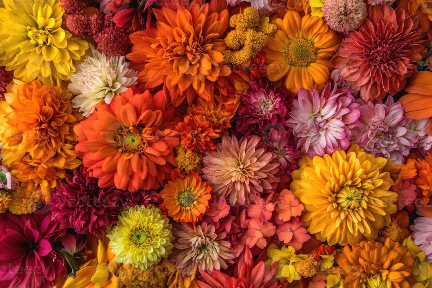 A vibrant mix of autumn flowers creates a warm, colorful background. photo