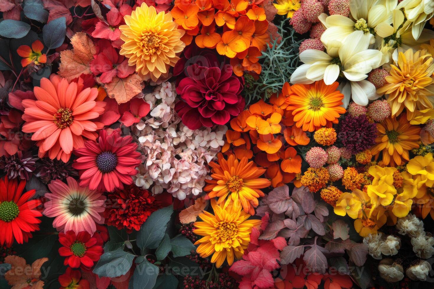 A vibrant mix of autumn flowers creates a warm, colorful background. photo