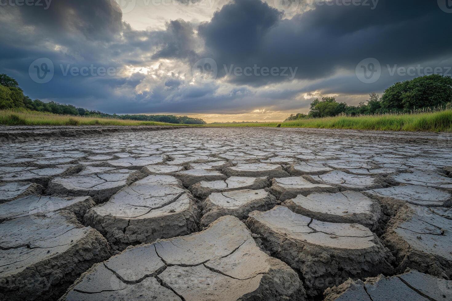 A cracked, dry riverbed under a cloudy sky, symbolizing drought and thirst. photo