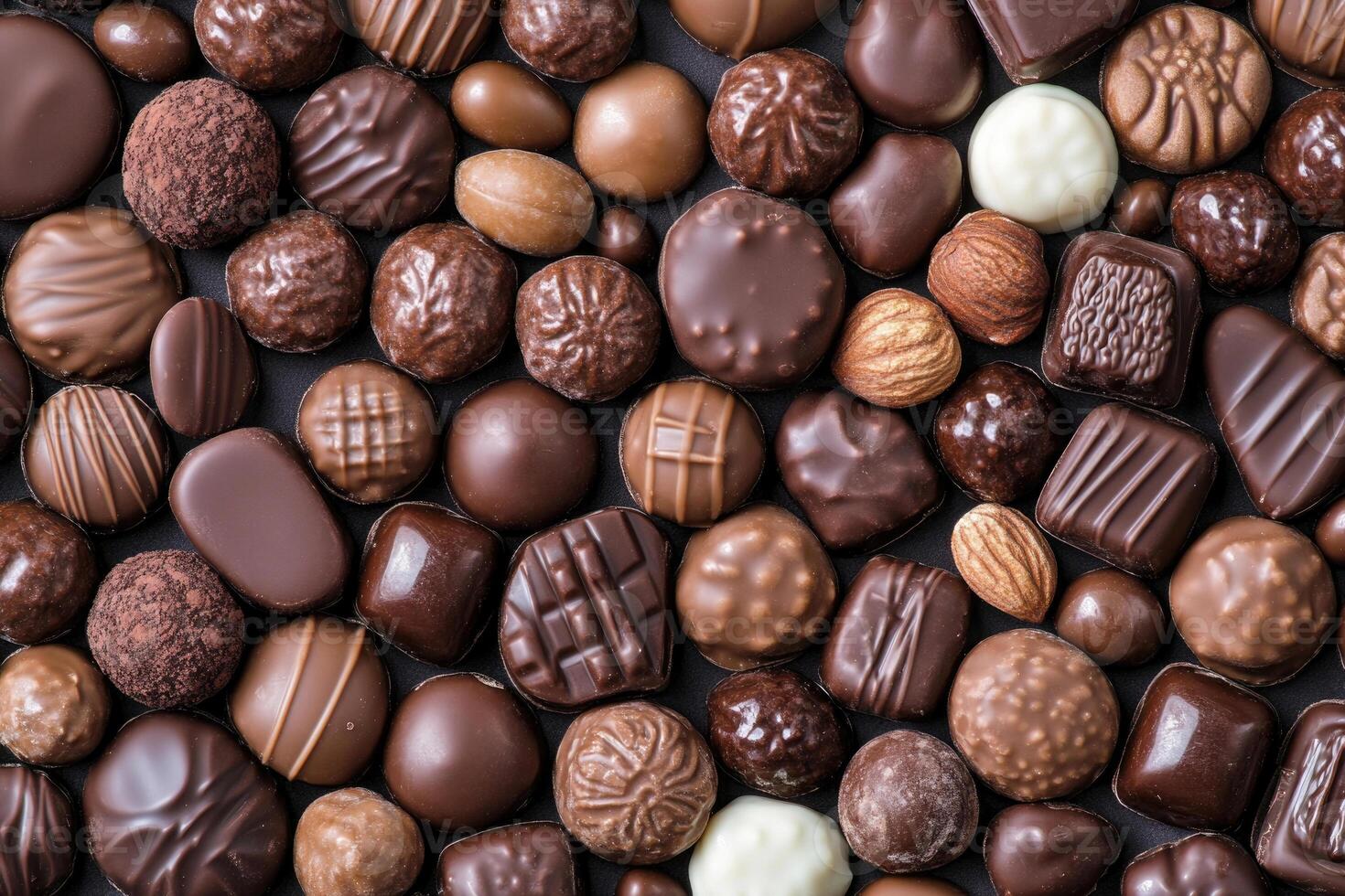 An assortment of chocolate candies creates a rich, indulgent background. photo