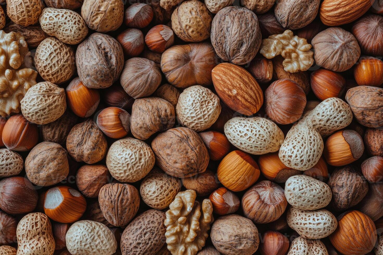An array of nuts forms a rich, textured, and earthy background. photo