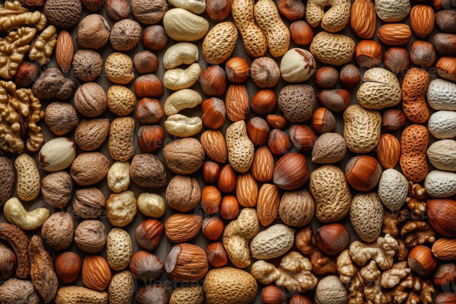 An array of nuts forms a rich, textured, and earthy background. photo