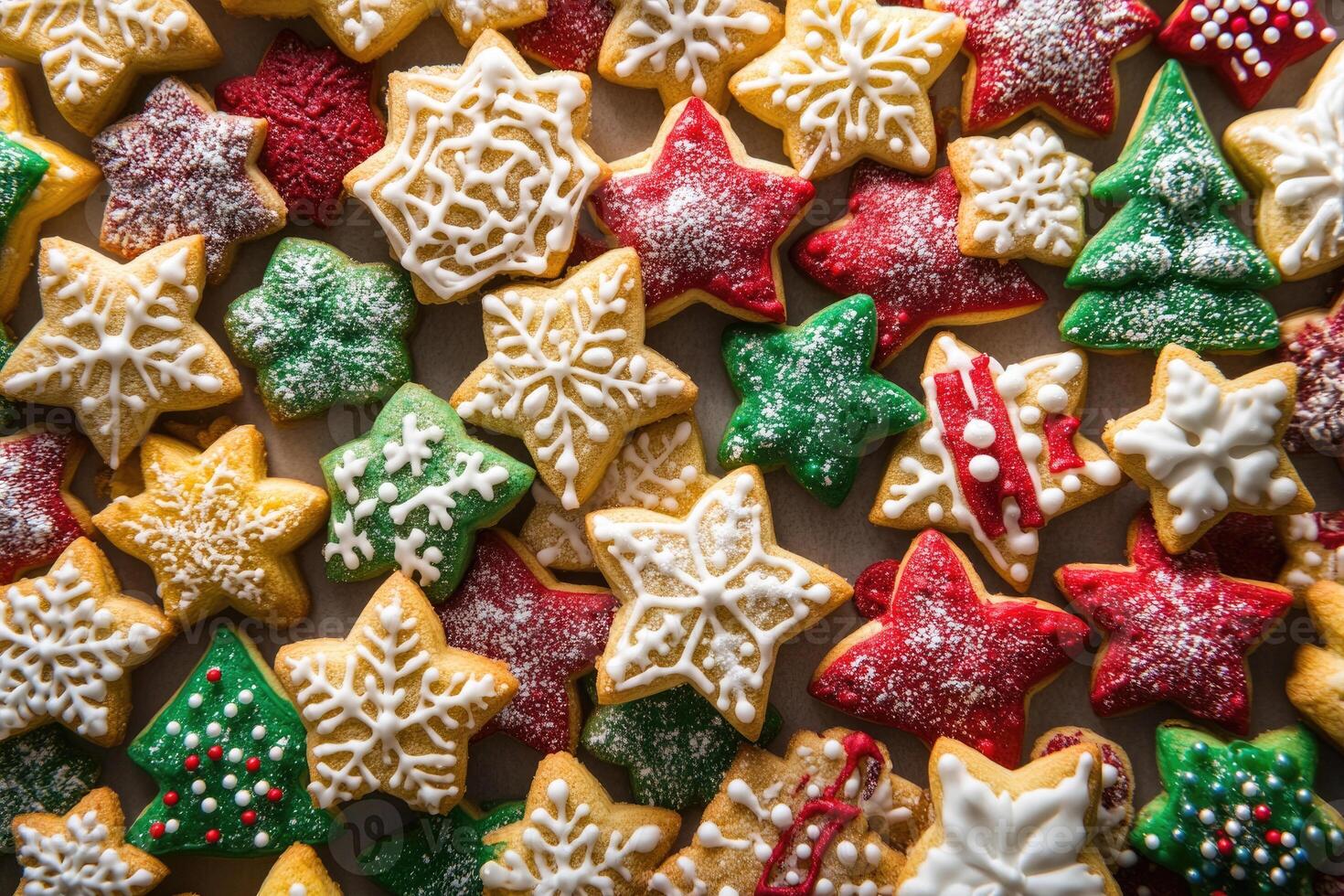 A festive assortment of Christmas cookies forms a colorful, cheerful background. photo