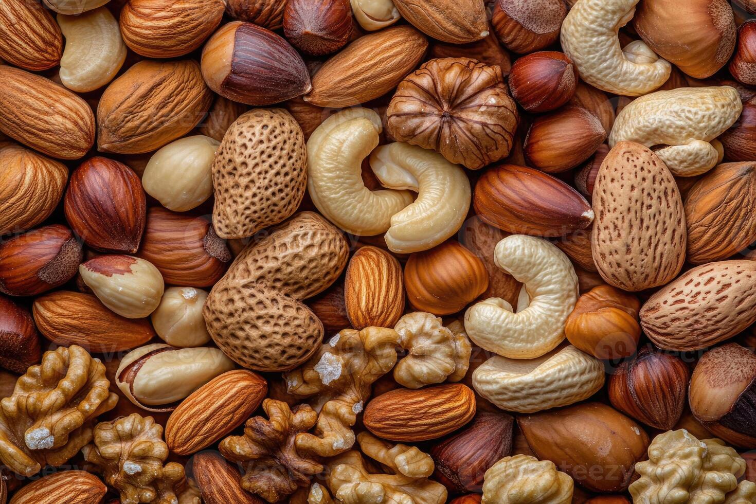 An array of nuts forms a rich, textured, and earthy background. photo