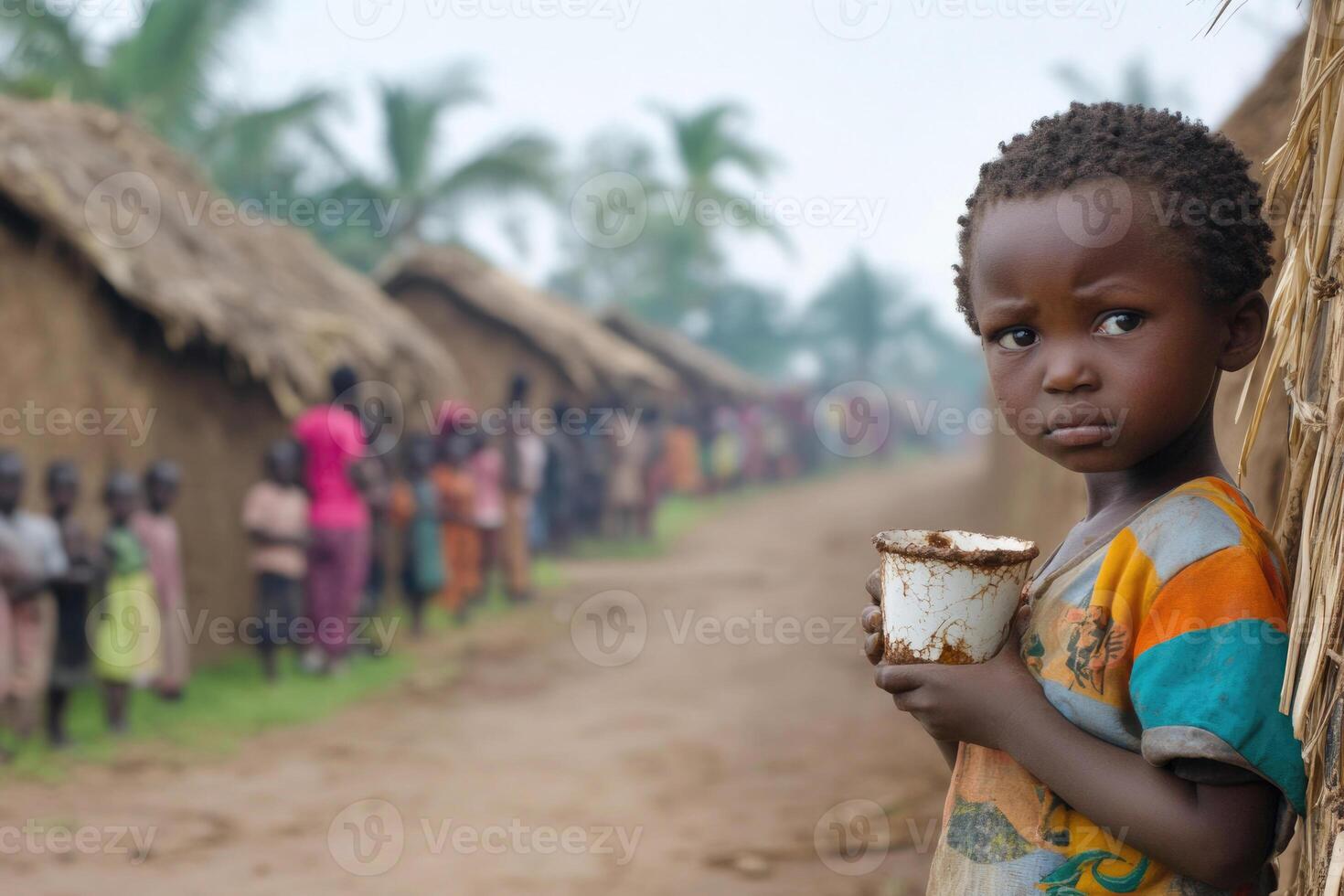 A child with a cracked cup, waiting in line at a water distribution point in a rural village. photo