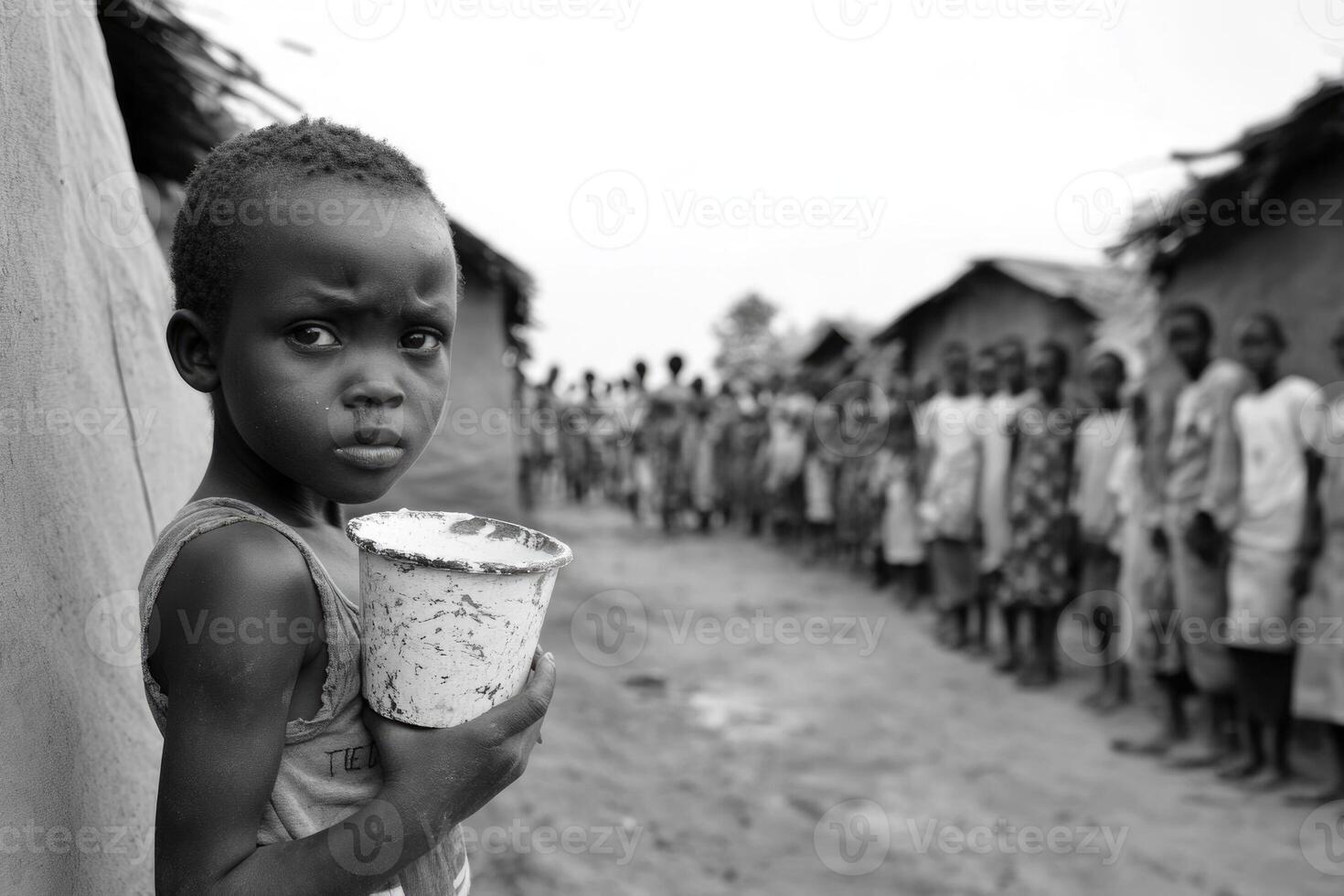 A child with a cracked cup, waiting in line at a water distribution point in a rural village. photo