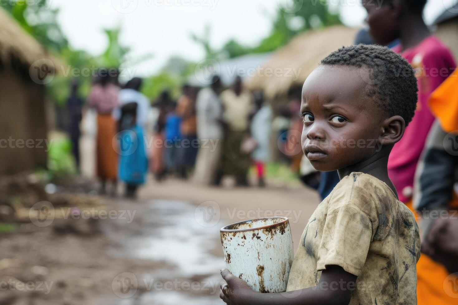 A child with a cracked cup, waiting in line at a water distribution point in a rural village. photo