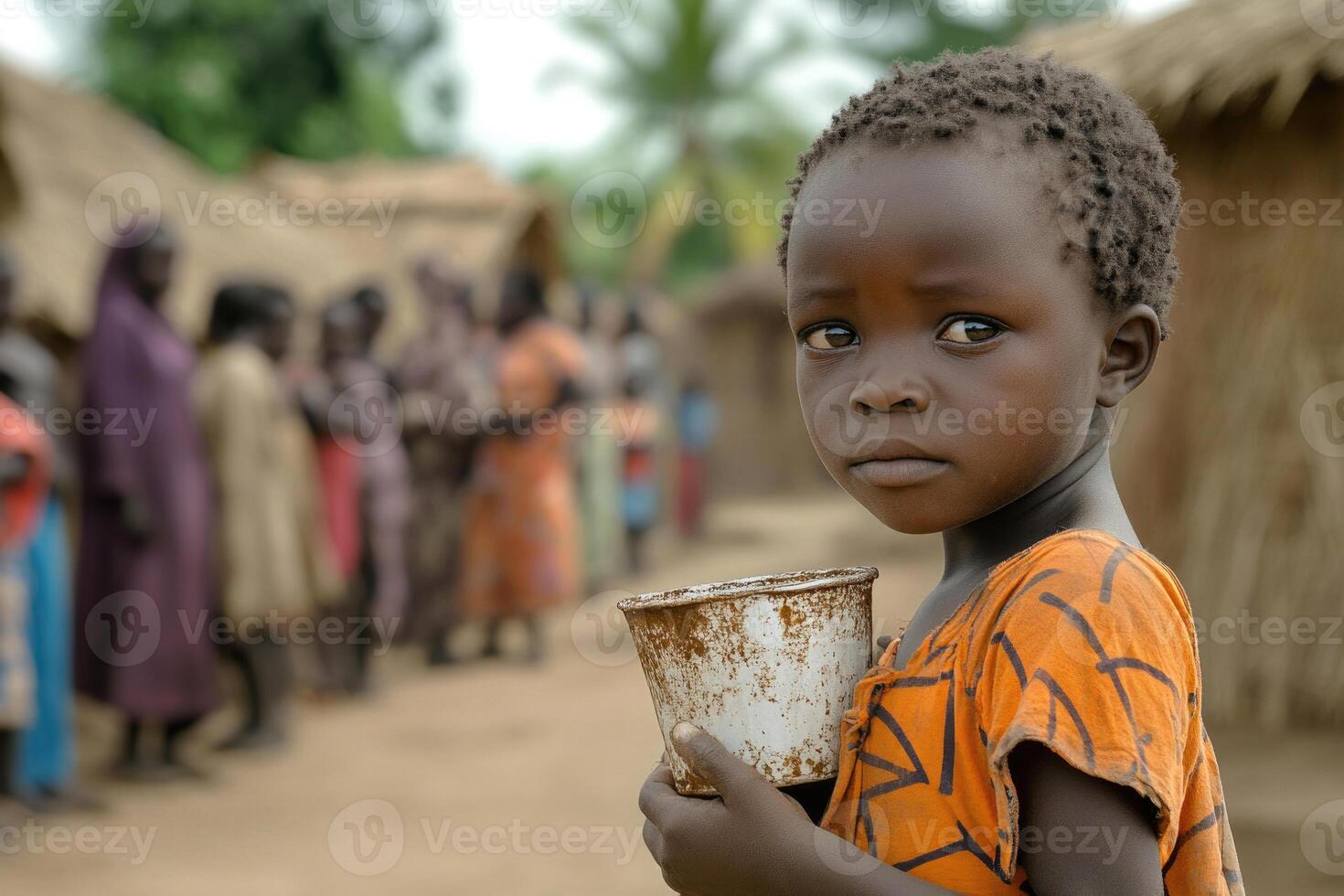 A child with a cracked cup, waiting in line at a water distribution point in a rural village. photo